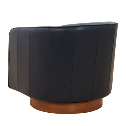 Taos Top Grain Leather Wood Base Swivel Barrel Accent Chair