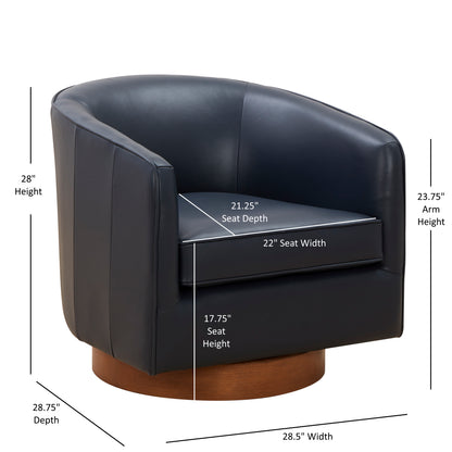 Taos Top Grain Leather Wood Base Swivel Barrel Accent Chair