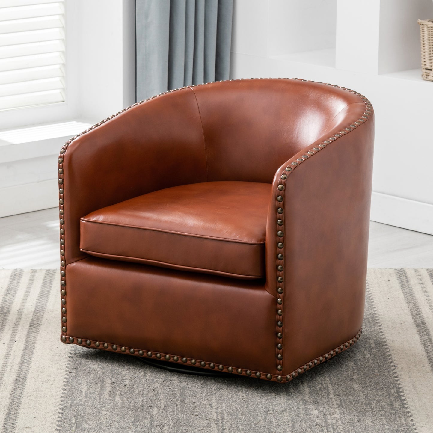 Tyler Faux Leather Swivel Arm Chair with Nail Head Trim