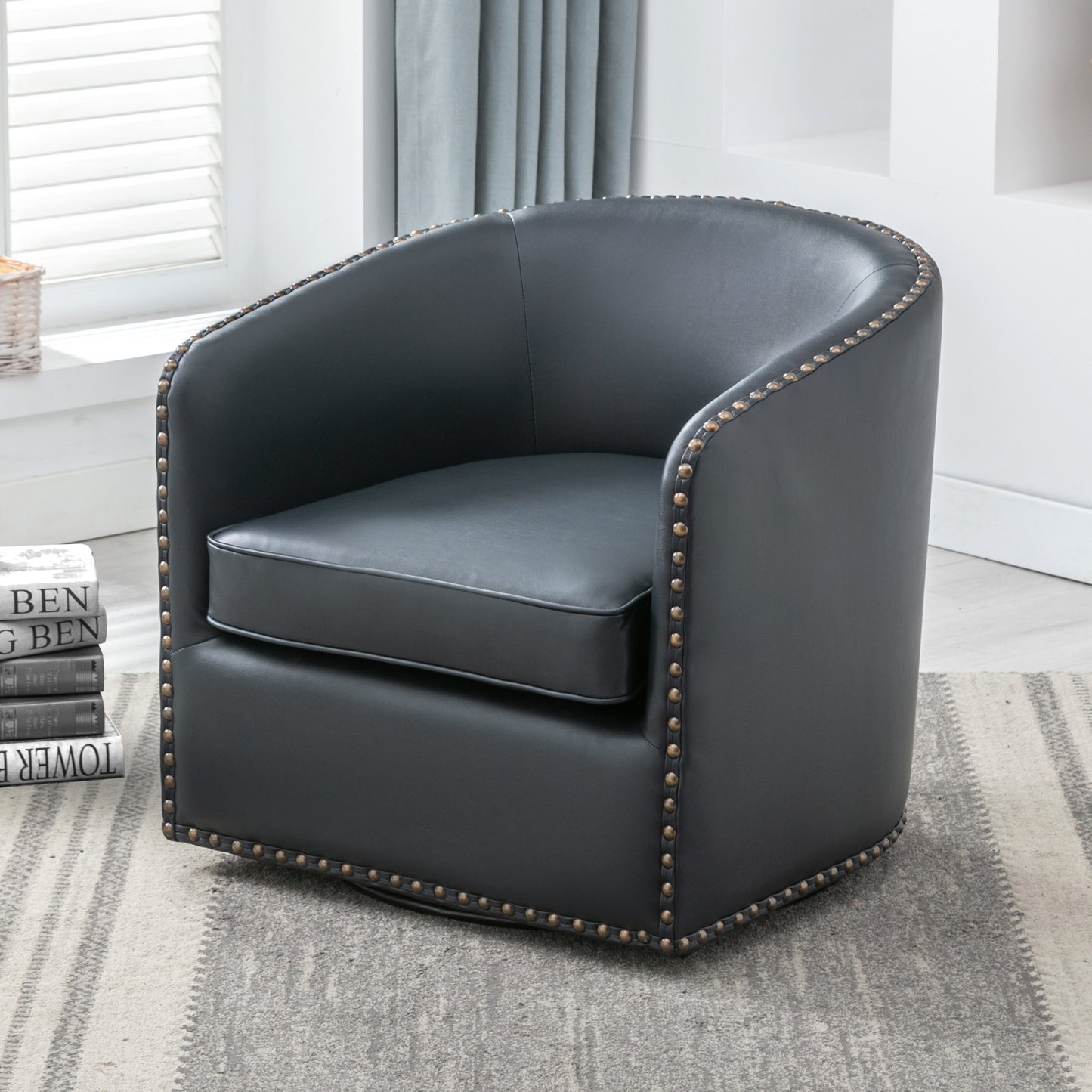 Tyler Faux Leather Swivel Arm Chair with Nail Head Trim